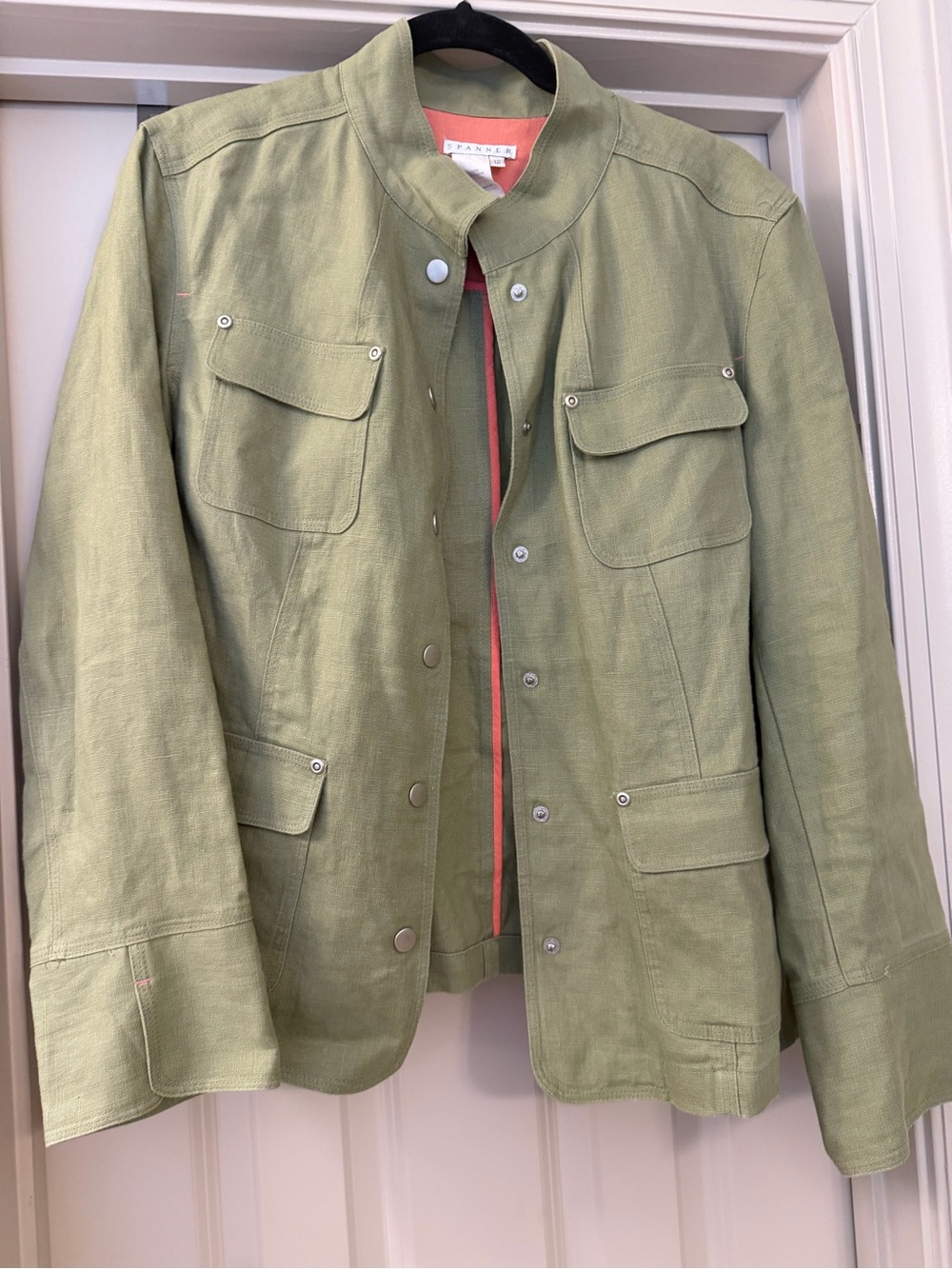 SPANNER 100% Linen Olive Green Jacket with Coral Lining